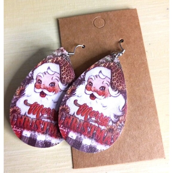Santa Earrings Merry Christmas Muted Sunflower Leopard Greenery Patterns - Picture 2 of 4